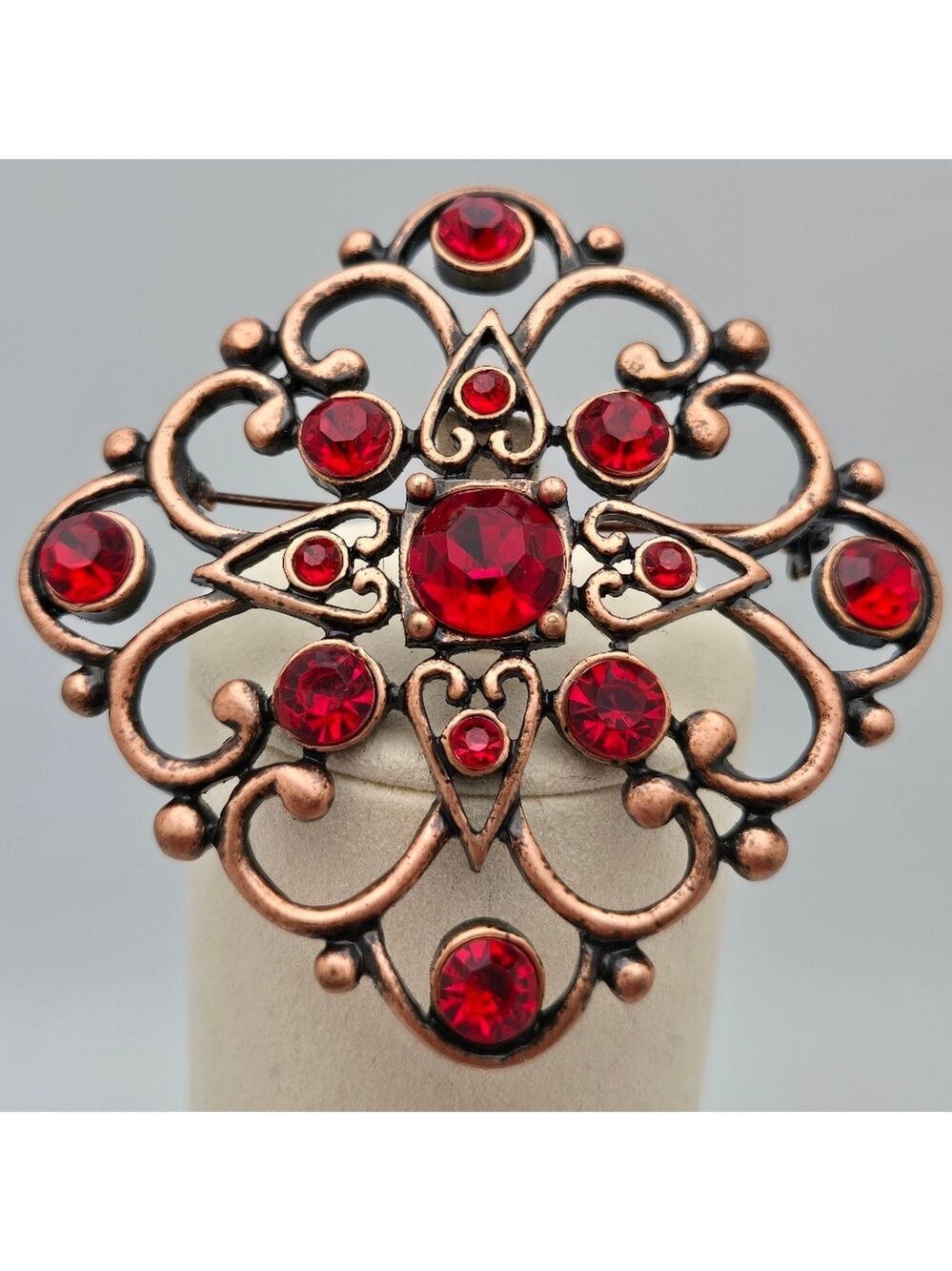 Ruby Red & Gold Tone Filigree Brooch Antique Vintage Look Pin